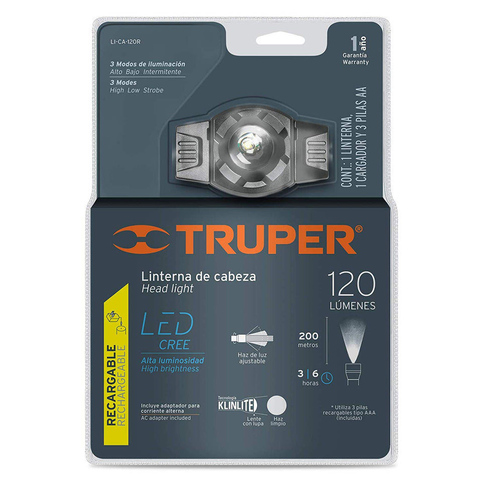 Truper LI-CA-120R, Linterna de cabeza recargable, aluminio, 120 lúmenes, LED Cree alta luminosidad