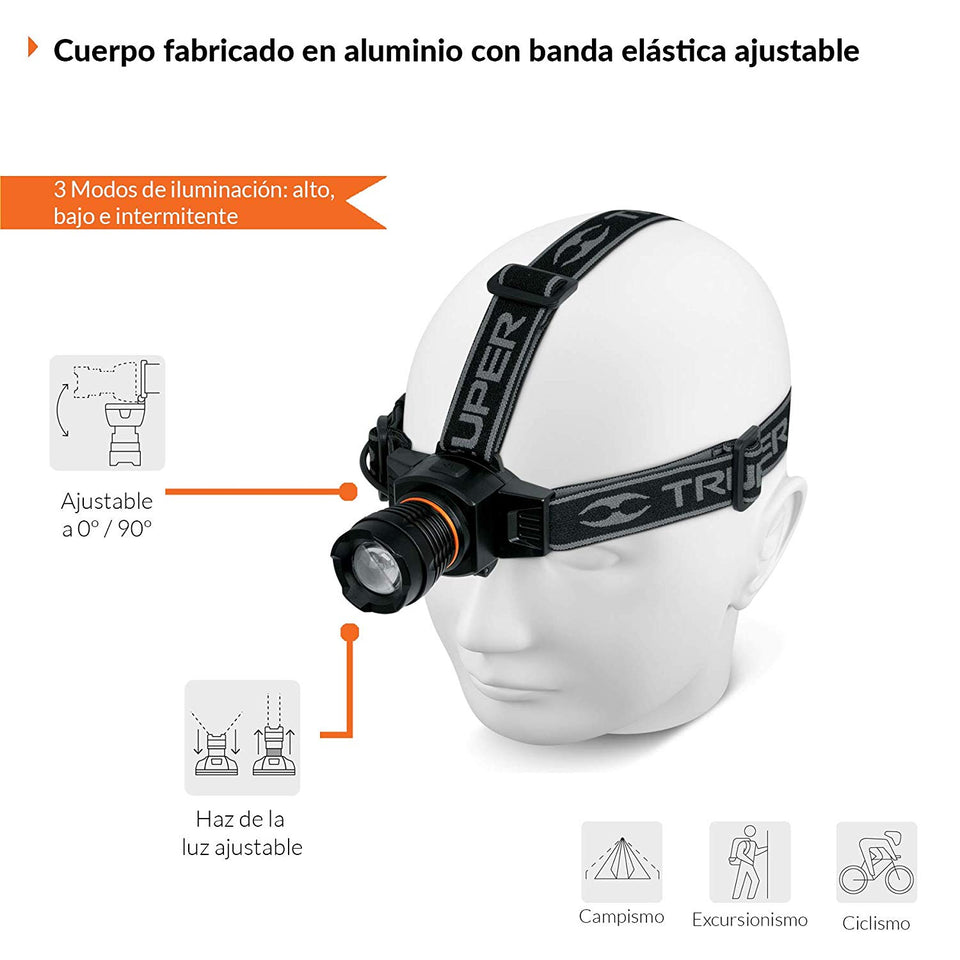 Truper LI-CA-120R, Linterna de cabeza recargable, aluminio, 120 lúmenes, LED Cree alta luminosidad