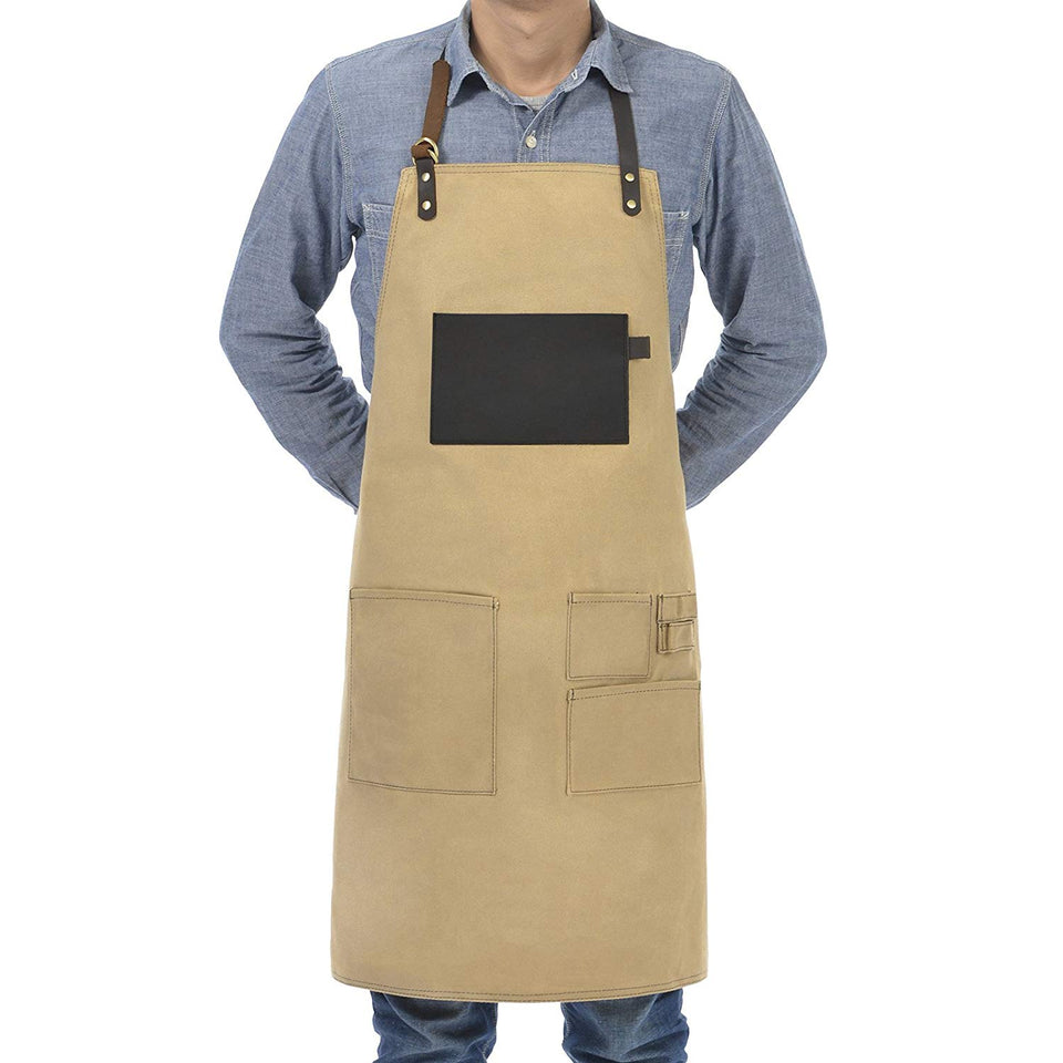VEEYOO 1 PC babero delantal utilidad cuero lona encerada, carnicero carpintero constructor, Tan, 68 x 85 cm