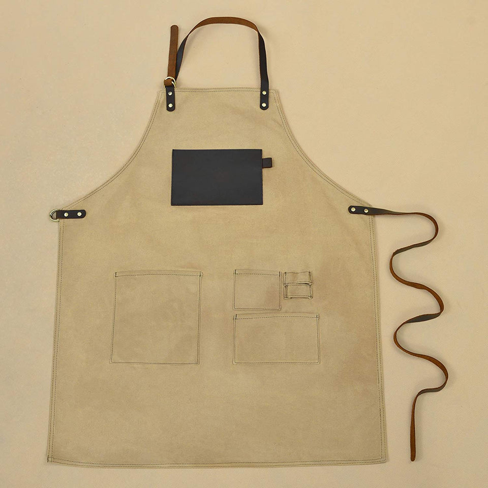 VEEYOO 1 PC babero delantal utilidad cuero lona encerada, carnicero carpintero constructor, Tan, 68 x 85 cm