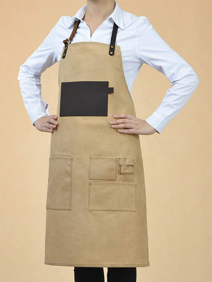 VEEYOO 1 PC babero delantal utilidad cuero lona encerada, carnicero carpintero constructor, Tan, 68 x 85 cm