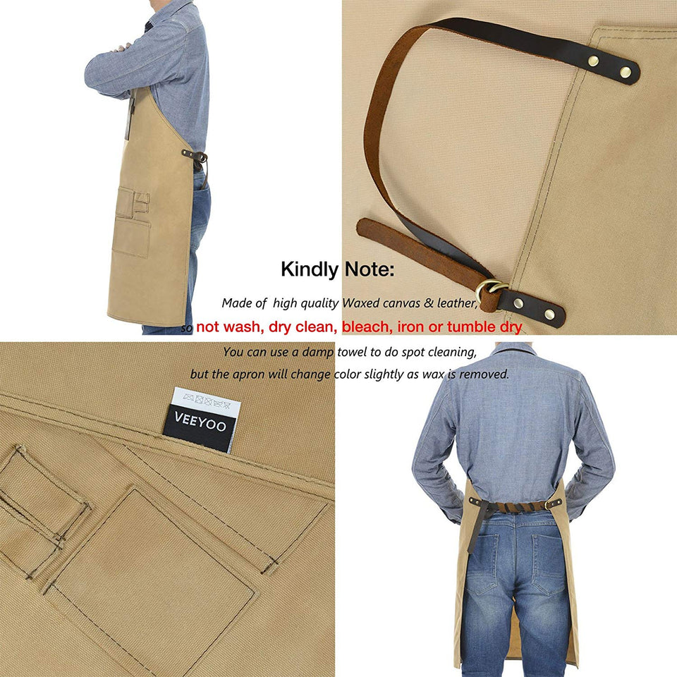 VEEYOO 1 PC babero delantal utilidad cuero lona encerada, carnicero carpintero constructor, Tan, 68 x 85 cm