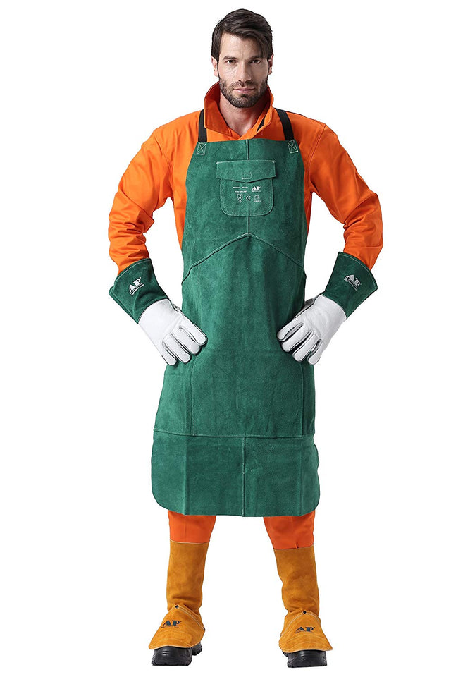 AP tamaño babero de cuero verde AP-2655 delantal y 14" guantes de cuero de becerro grano AP-6105 + xl para el servicio plena protección pesada/soldadura