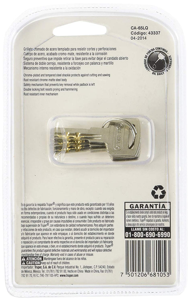 Hermex CA-65LQ, Candado con cuerpo de acero de 65mm, máxima seguridad, gancho largo, llave de puntos